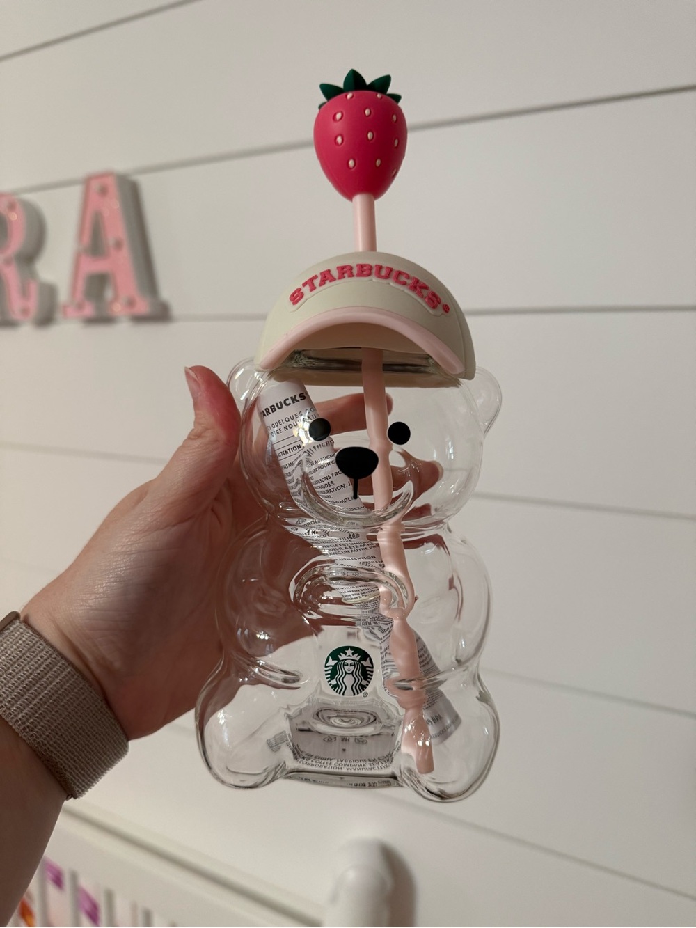 Starbucks Glass Strawberry Bear Tumbler - Clear & Pink